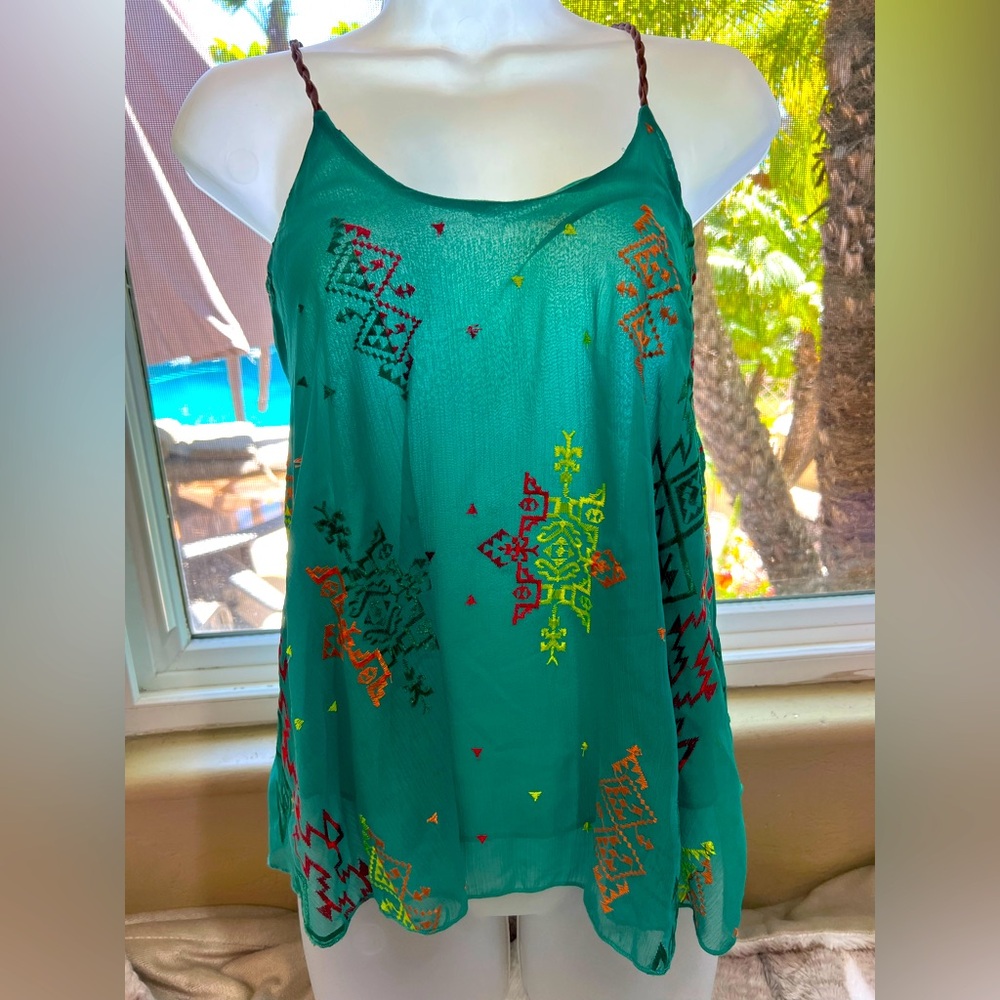 Surf Gypsy embroidered green camisole top.
